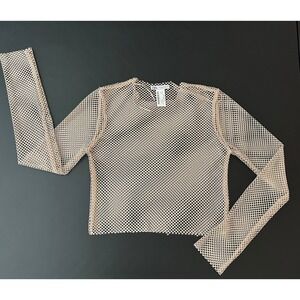 Zara Rhinestone Fishnet Top Long Sleeve Mesh Shimmer Nude Champagne M (1238)